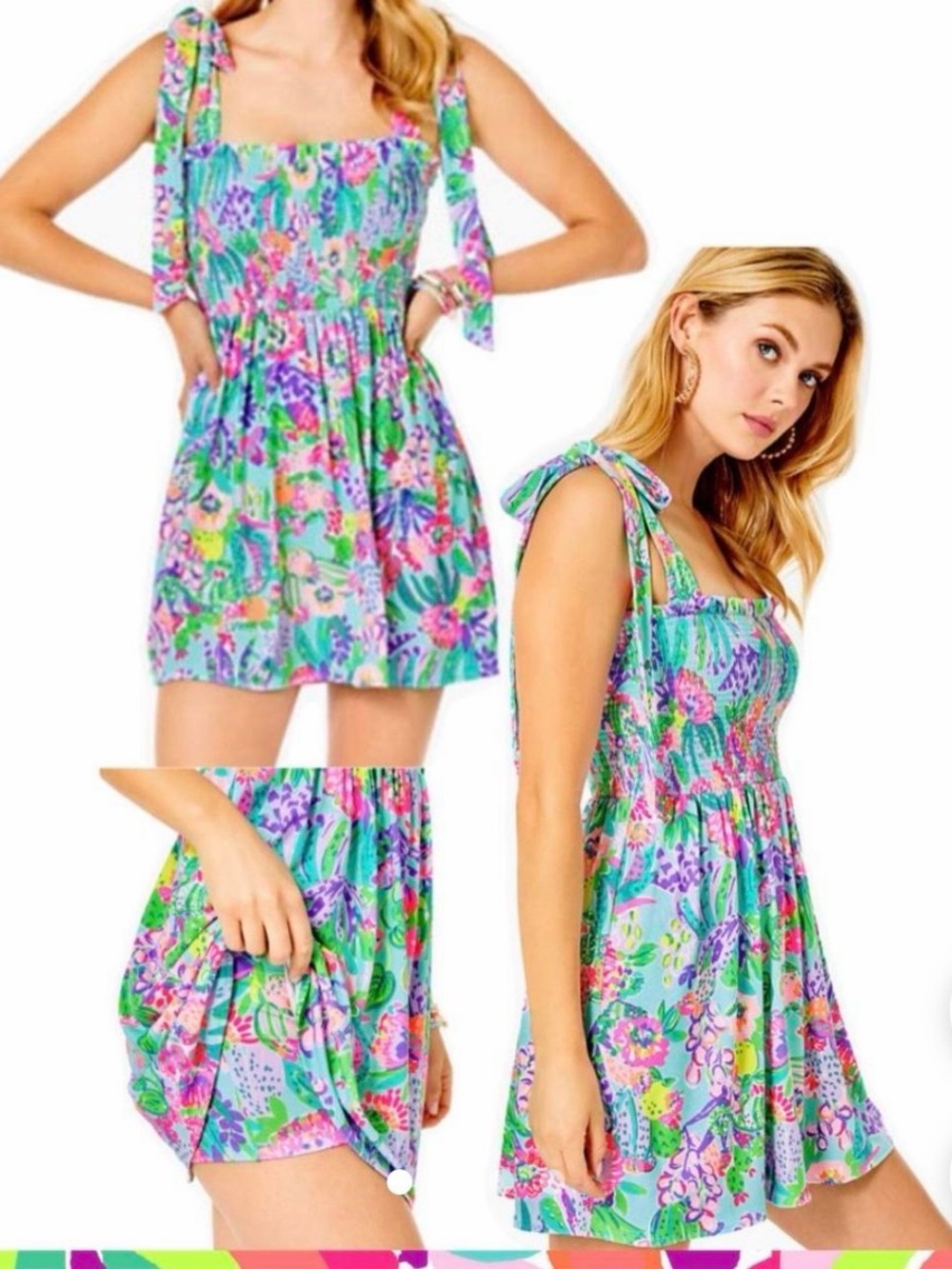 Lilly Pulitzer small Floral Tie-Shoulder Sundress romper in Aqua Green